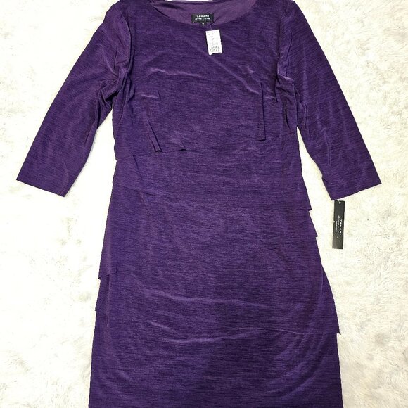 TAHARI ASL Purple Plum Tiered Sheath Dress Matte Jersey MOTB Wedding Party 10 - Picture 2 of 9